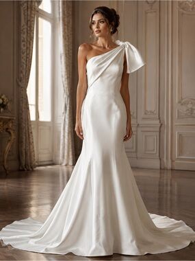 Randy Fenoli “Harper” One-Shoulder Satin Mermaid Gown in Ivory with Shoulder Bow